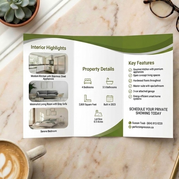 Tri-Fold brochure sample, opened flat on a marble desk