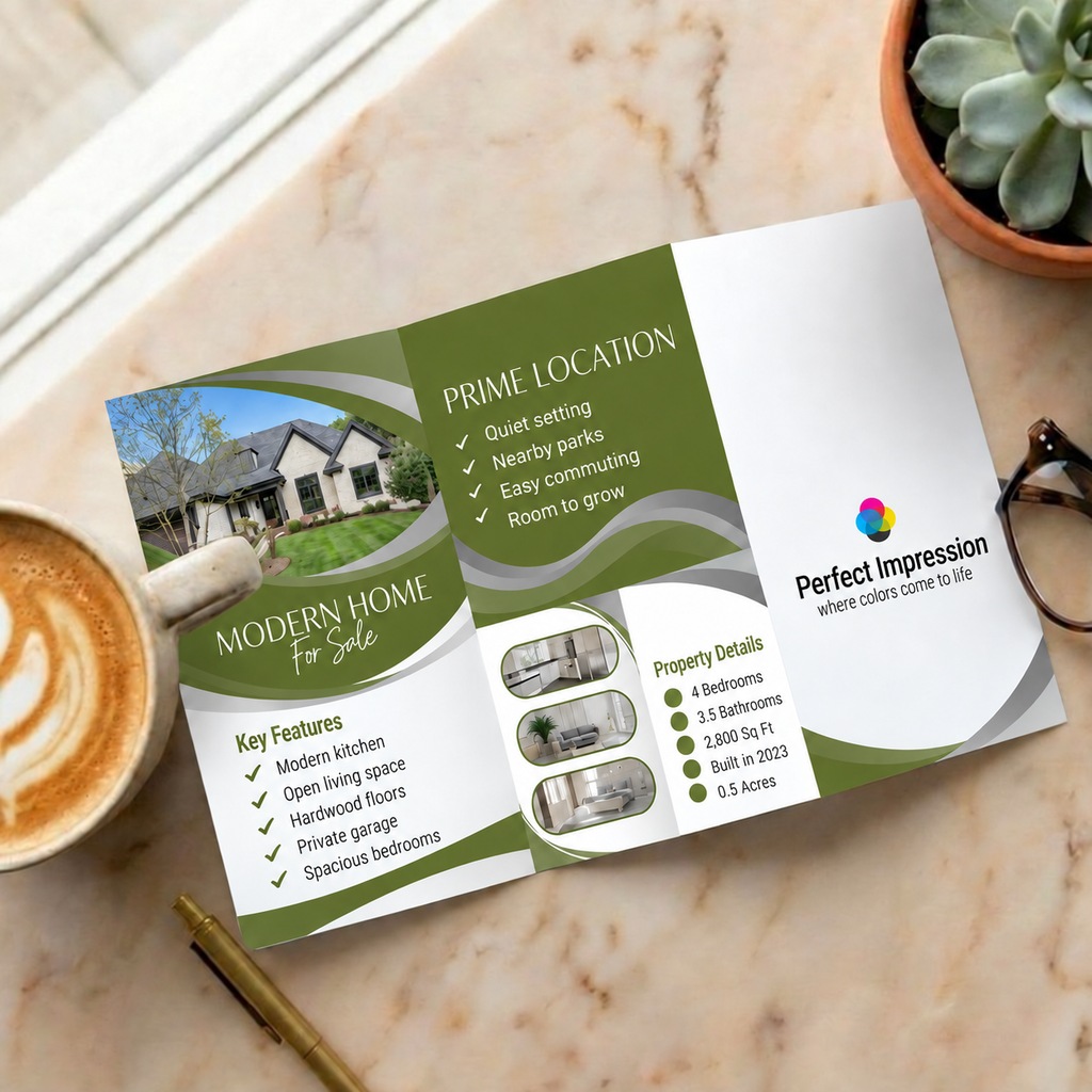 Z-Fold brochure sample, opened flat on a marble desk