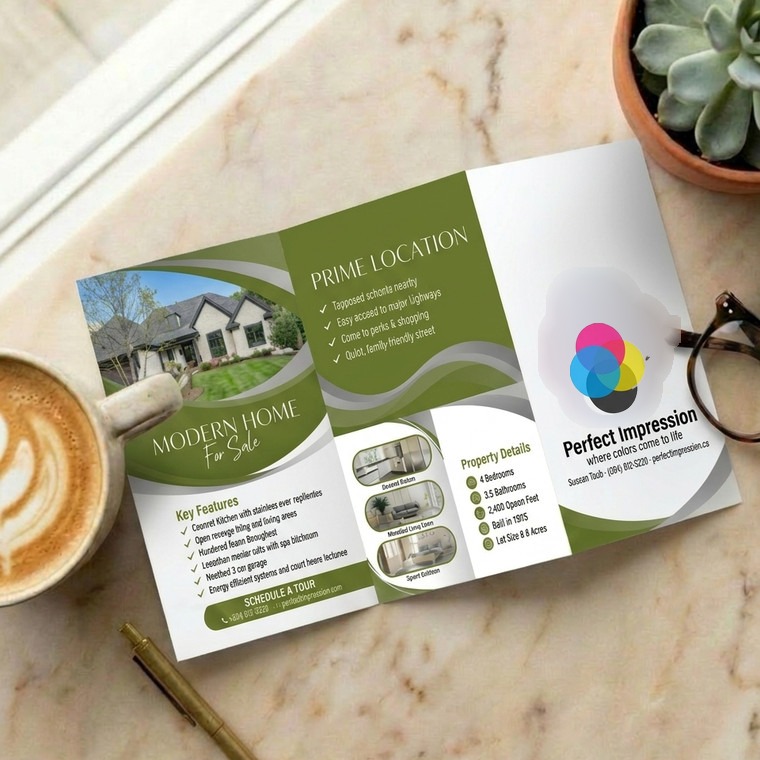Z-Fold brochure sample, opened flat on a marble desk