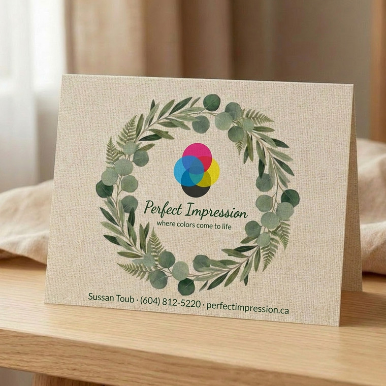 100lb Cover Linen greeting card with a leafy thank you wreath, standing on a wooden shelf