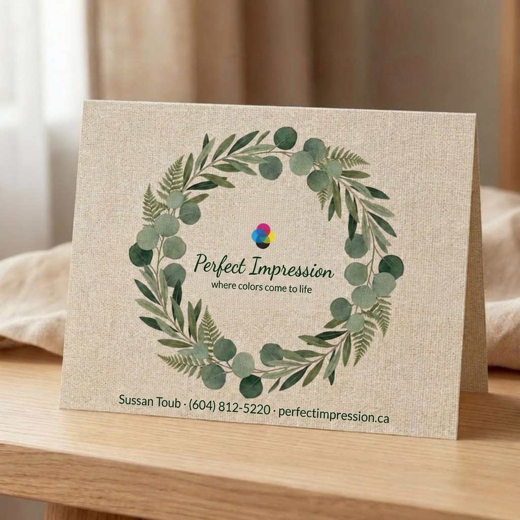 100lb Cover Linen greeting card with a leafy thank you wreath, standing on a wooden shelf