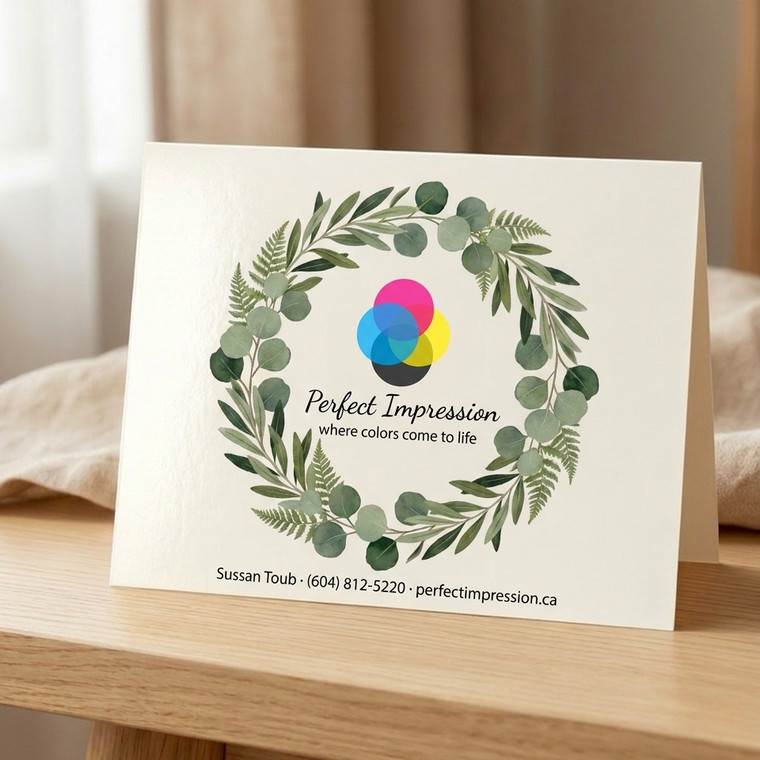 100lb Gloss Cover greeting card with a leafy thank you wreath, standing on a wooden shelf