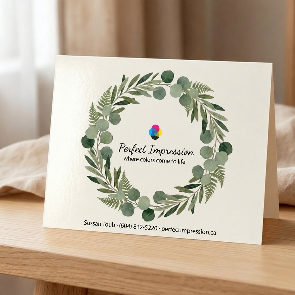 100lb Gloss Cover greeting card with a leafy thank you wreath, standing on a wooden shelf