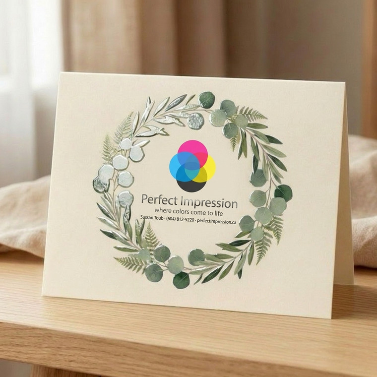 Raised Spot UV greeting card with a leafy thank you wreath, standing on a wooden shelf