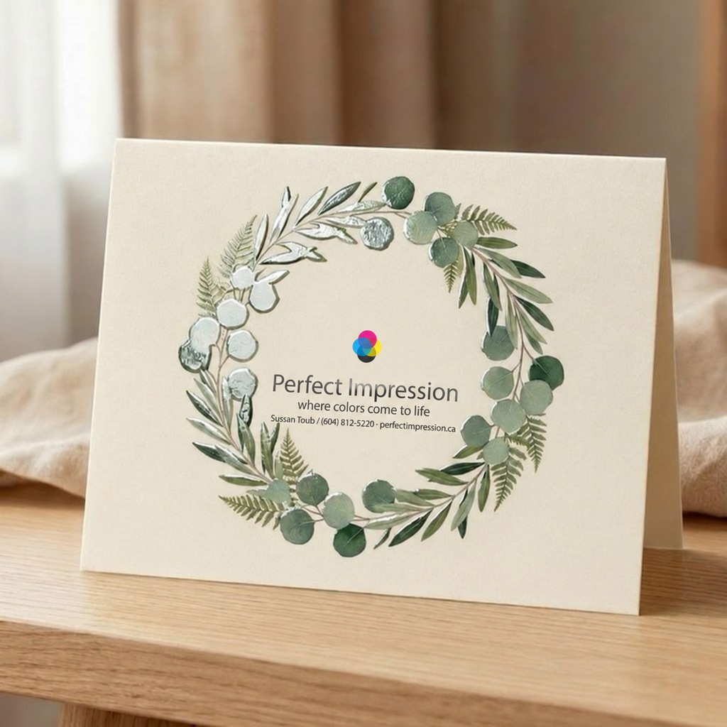 Raised Spot UV greeting card with a leafy thank you wreath, standing on a wooden shelf