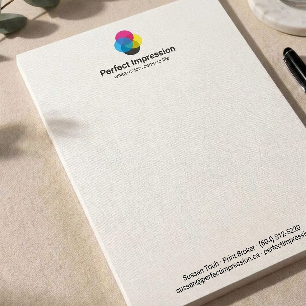 Linen letterhead sheet with matching stationery on a desk