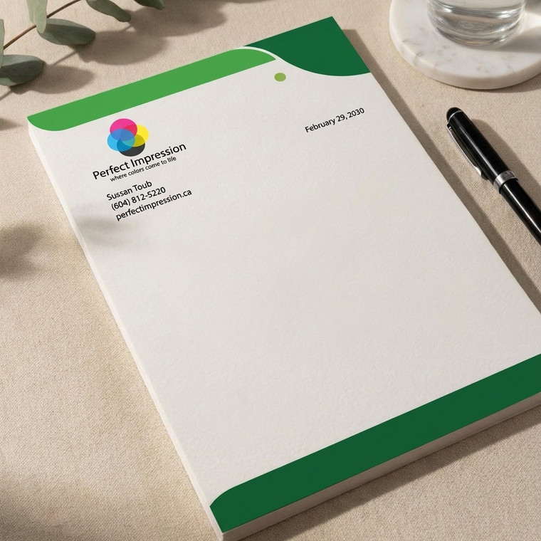 Printed letterhead with matching stationery on a desk