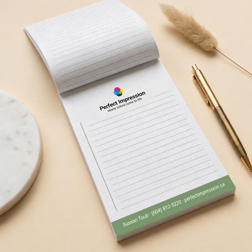 Linen notepad, flipped open beside a pen