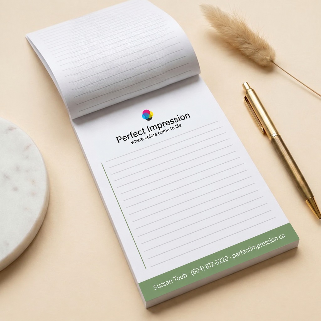 Premium Opaque notepad, flipped open beside a pen