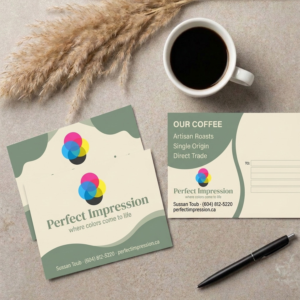 100lb Gloss Cover postcard, front design and addressed mailing side, photographed on a desk