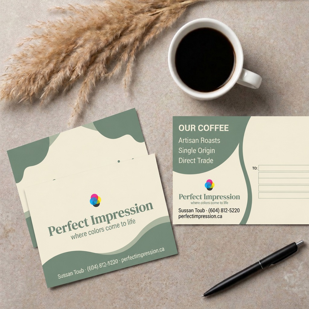 100lb Gloss Cover postcard, front design and addressed mailing side, photographed on a desk