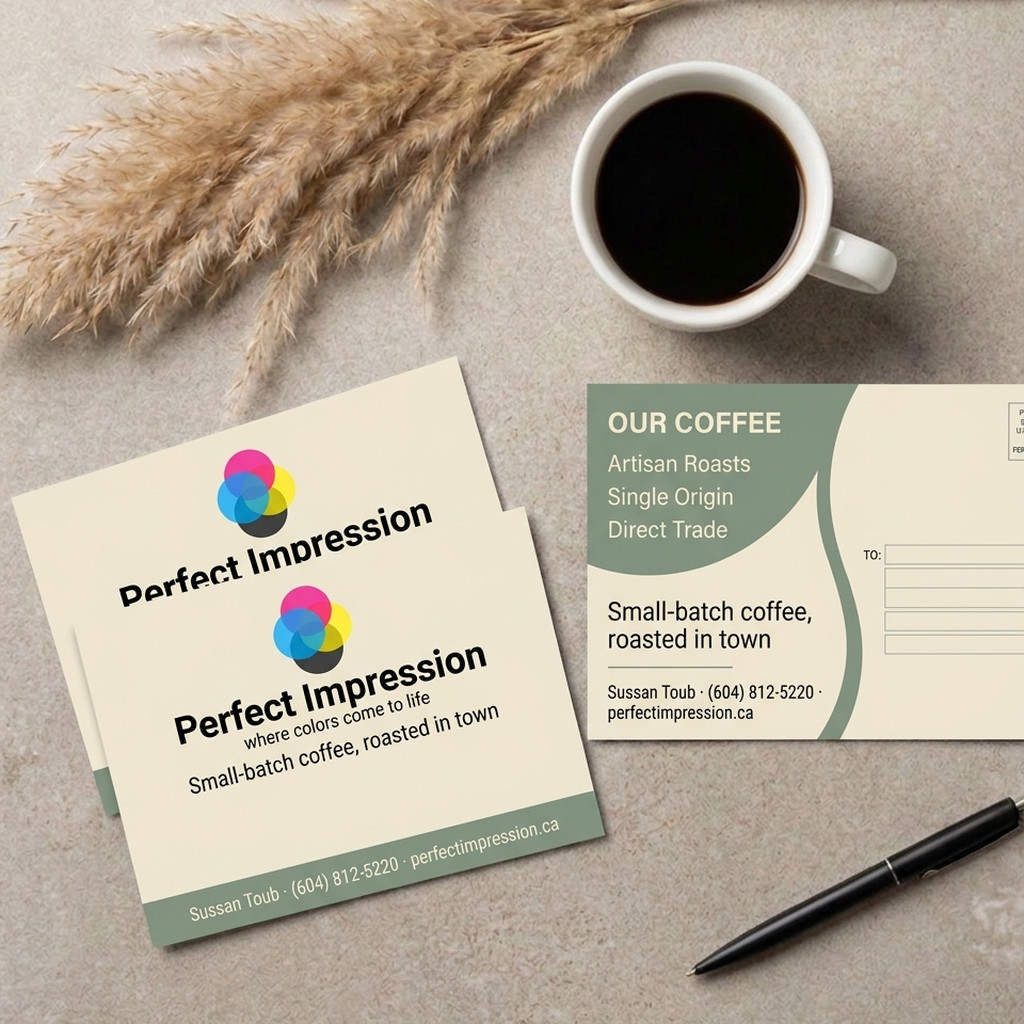 16pt postcard, front design and addressed mailing side, photographed on a desk