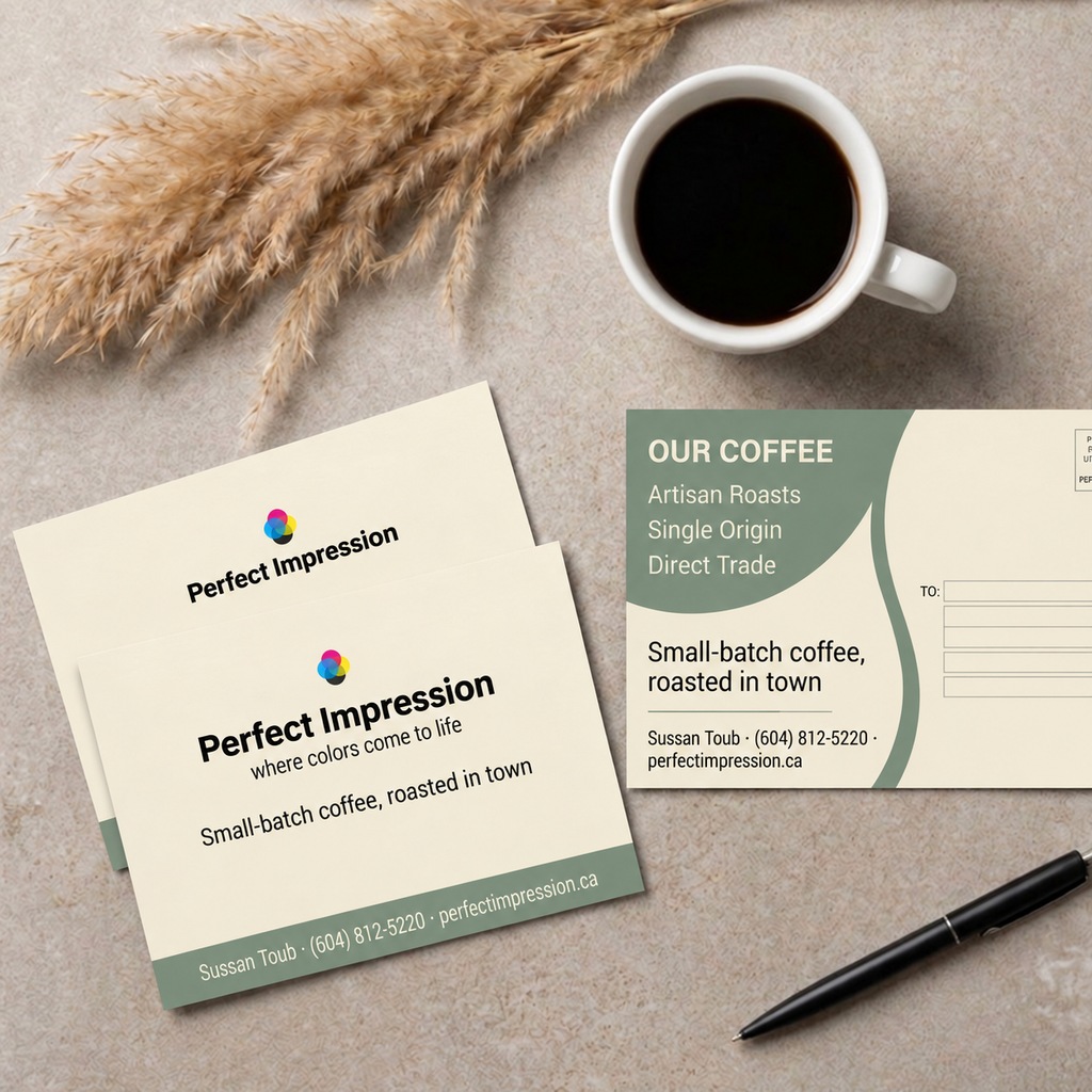 16pt postcard, front design and addressed mailing side, photographed on a desk