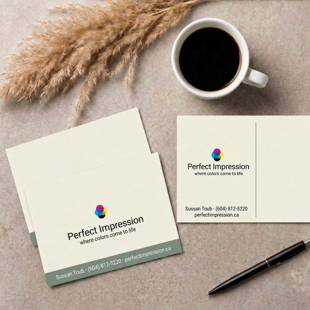 Akuafoil postcard, front design and addressed mailing side, photographed on a desk