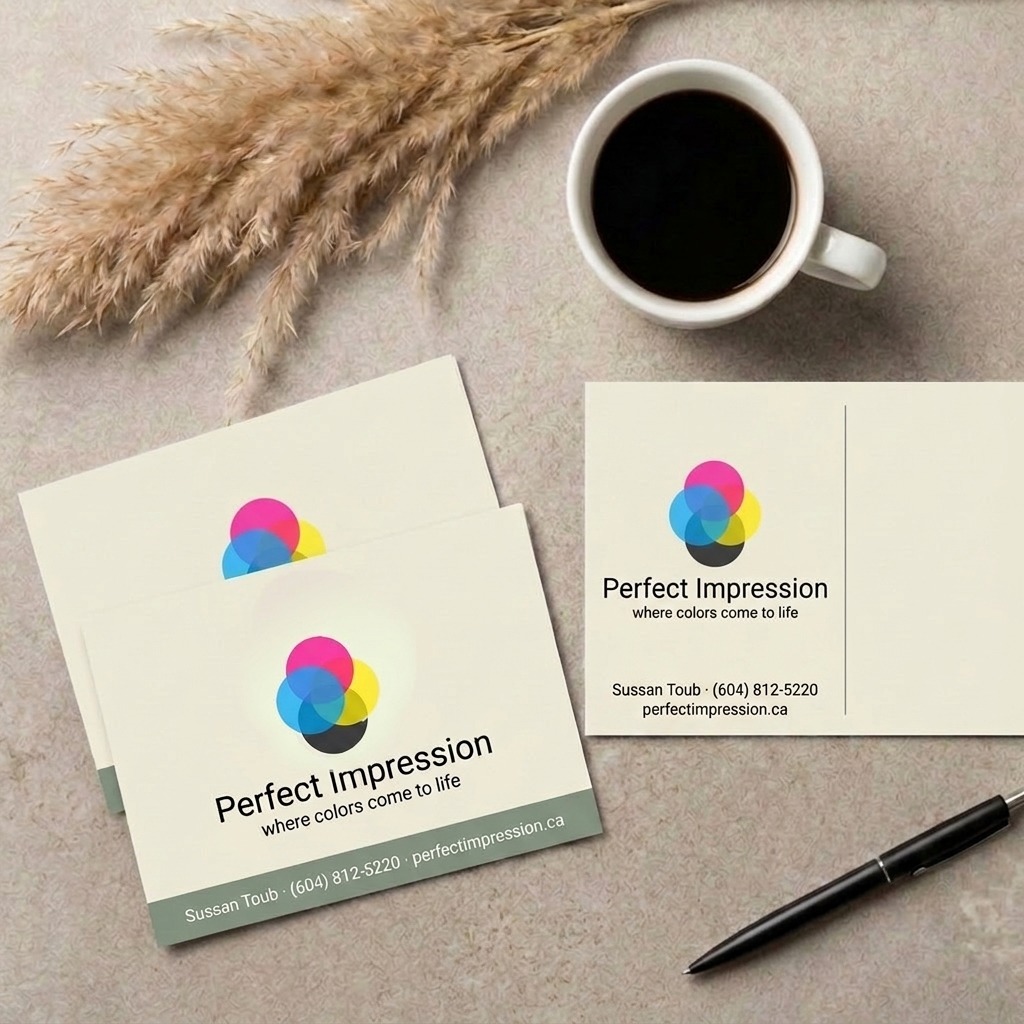 Akuafoil postcard, front design and addressed mailing side, photographed on a desk