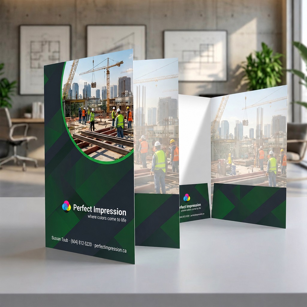 9x12 presentation folder, standing open on a white table