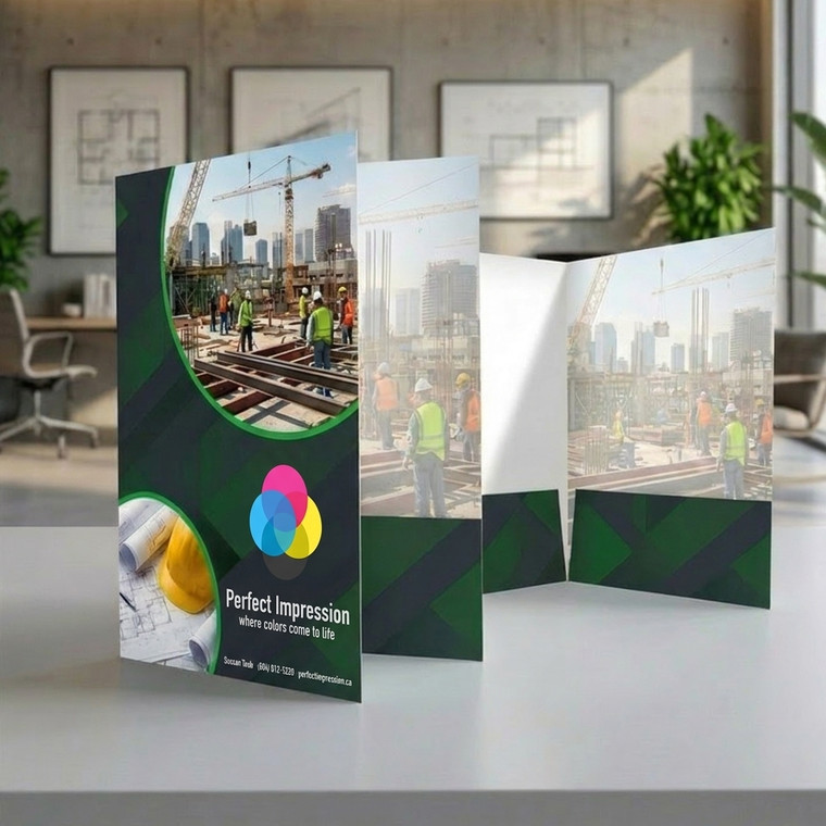 9x14.5 presentation folder, standing open on a white table