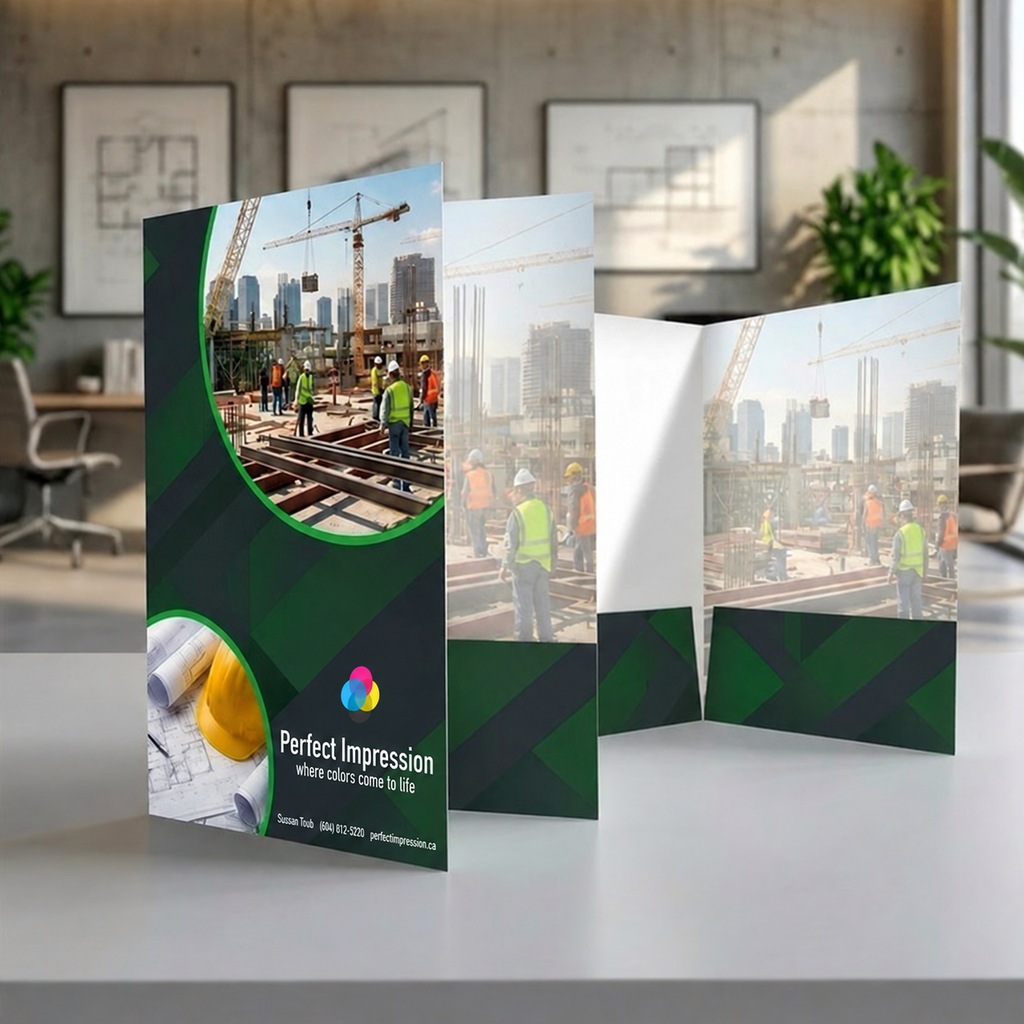 9x14.5 presentation folder, standing open on a white table
