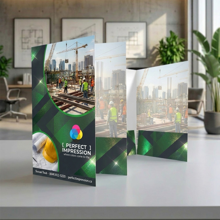 Akuafoil presentation folder, standing open on a white table