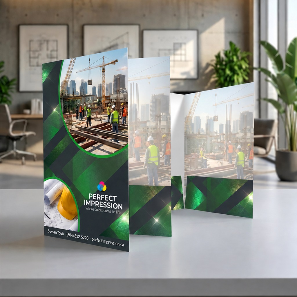 Akuafoil presentation folder, standing open on a white table