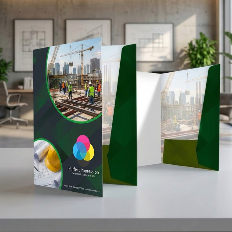 Glue-Less 9x12 presentation folder, standing open on a white table