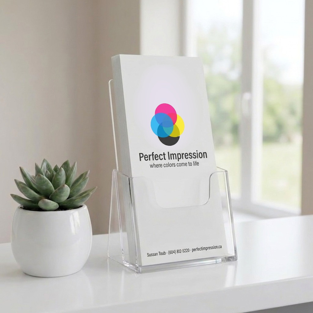 Akuafoil rack card in a clear countertop holder