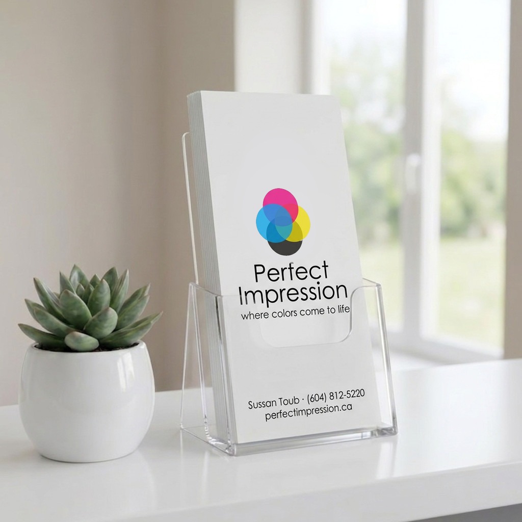 Rack card in a clear countertop holder