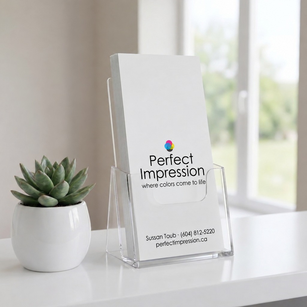 Standard rack card in a clear countertop holder