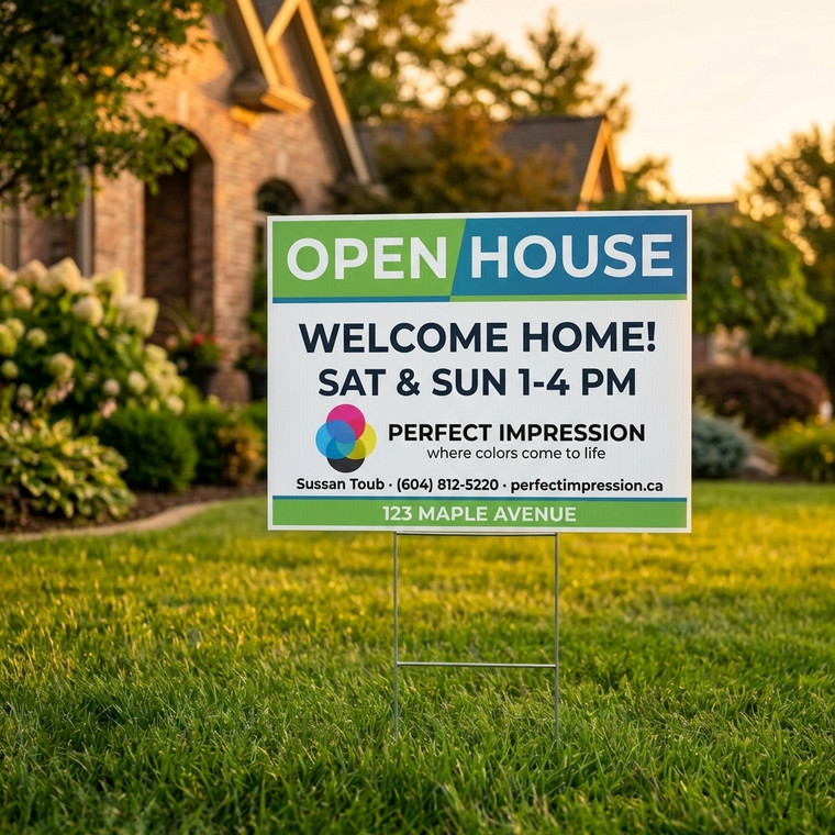 Coroplast open house sign staked into a front lawn