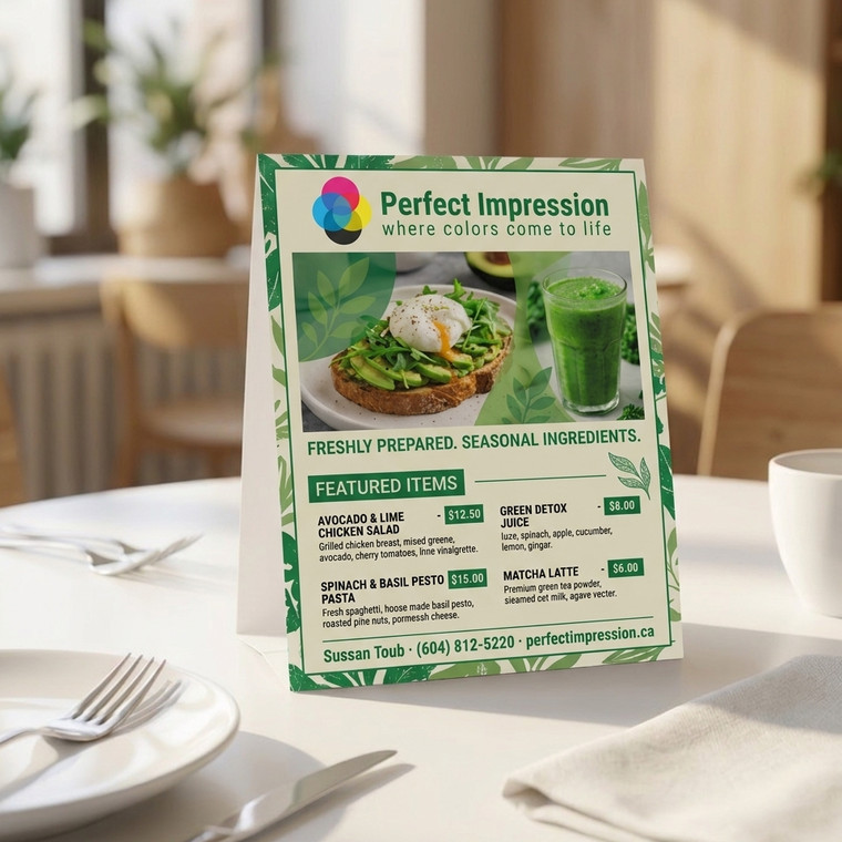 Table tent standing on a set restaurant table