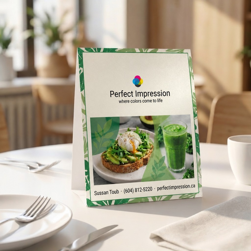 Pearl table tent standing on a set restaurant table