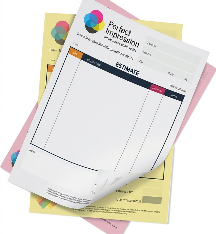 Multi part NCR estimate forms in white, yellow and pink