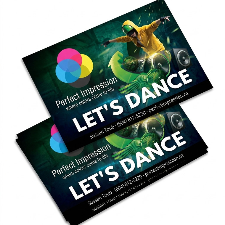 Dark silk laminated business cards with spot UV artwork, from her own catalog